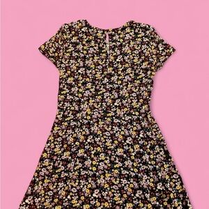 H&M Black Floral Short Sleeve Fit-and-Flare Dress with Pink and Yellow Flowers